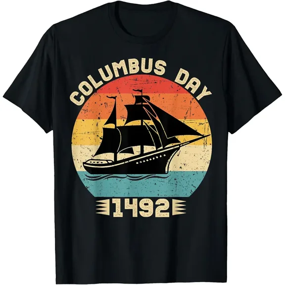 Unisex Retro Sunset Columbus Day 1492 Ship Graphic T-Shirt