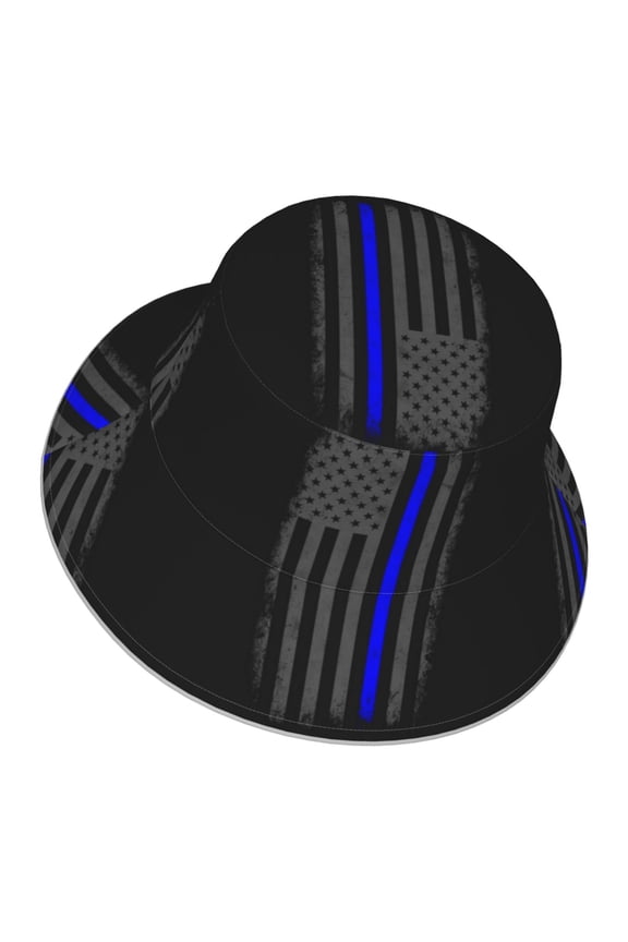 Unisex Retro Thin Blue Line Flag Bucket Hat Fisherman Cap Reversible Travel Sunhat With Reflective Stripe
