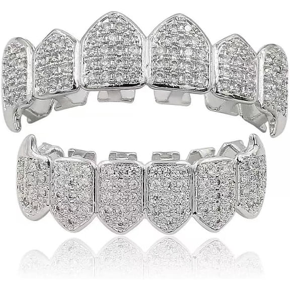 Unisex Rhinestone Brass Hip Hop Fang Vampire Grillz Teeth Costume Accessory Cosplay Top Bottom Set Extra Molding Bars