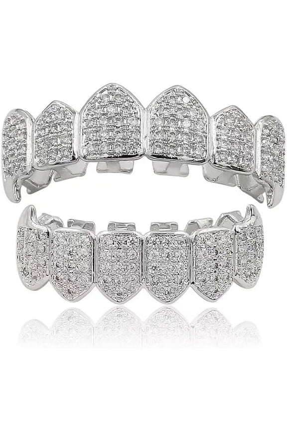 Unisex Rhinestone Brass Hip Hop Fang Vampire Grillz Teeth Costume Accessory Cosplay Top Bottom Set Extra Molding Bars