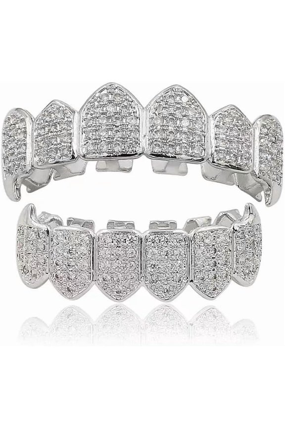 Unisex Rhinestone Brass Hip Hop Fang Vampire Grillz Teeth Costume Accessory Cosplay Top Bottom Set Extra Molding Bars