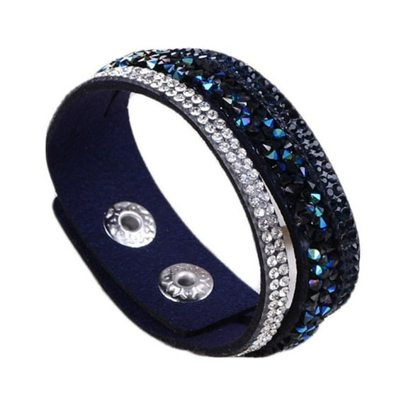 Unisex Rhinestones Leather Wrap Bracelet with Two Adjuatble Button Clasps