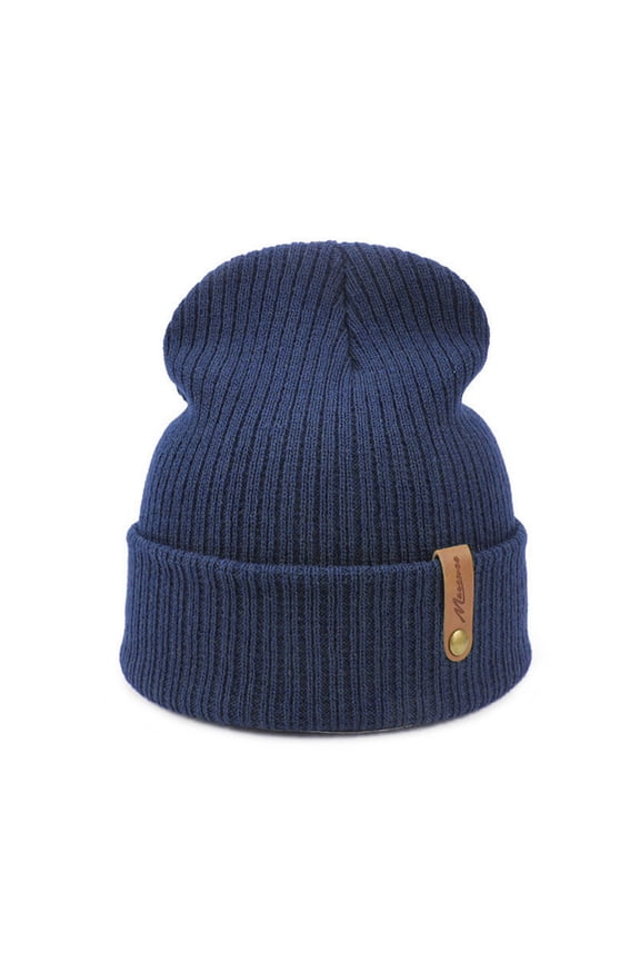 Unisex Ribbed Knit Beanie, Soft Stretchy Slouchy Beanie with Rolled Brim and Leather Patch, Warm Winter Hat for Men Women Boys Girls, Casual Daily Wear for Fall Winter Spring