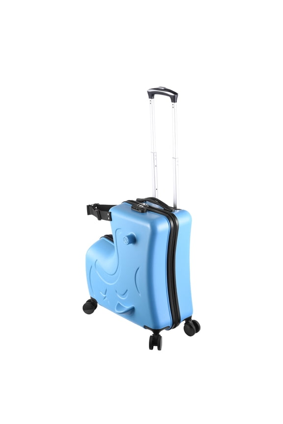Unisex Ride-On Luggage, 20 Inch Portable Kids Travel Suitcase with Password Lock and Durable Wheels for Summer Camps and Sleepovers (Blue)