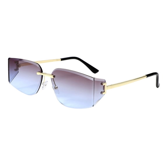 Unisex Rimless Sunglasses Oval Rectangle Beveled Brown Blue Lens Gold Trim UV400