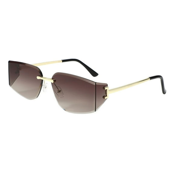 Unisex Rimless Sunglasses Oval Rectangular Beveled Brown Lens Gold Trim UV400