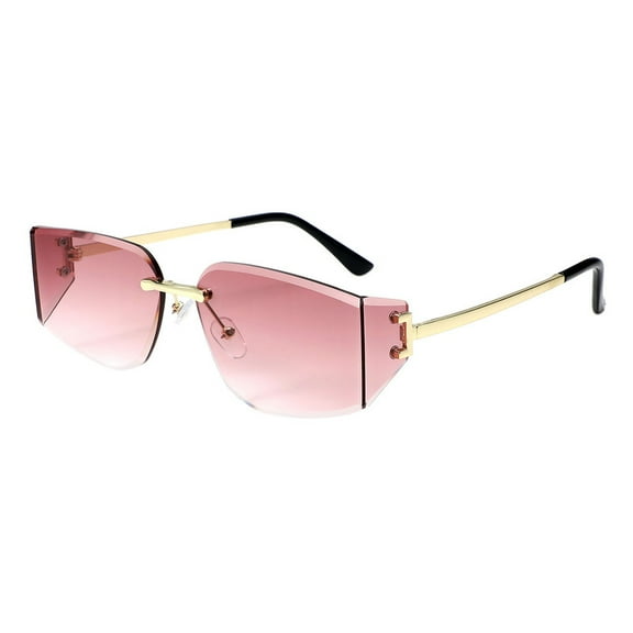 Unisex Rimless Sunglasses Oval Rectangular Beveled Pink Lens Gold Trim UV400