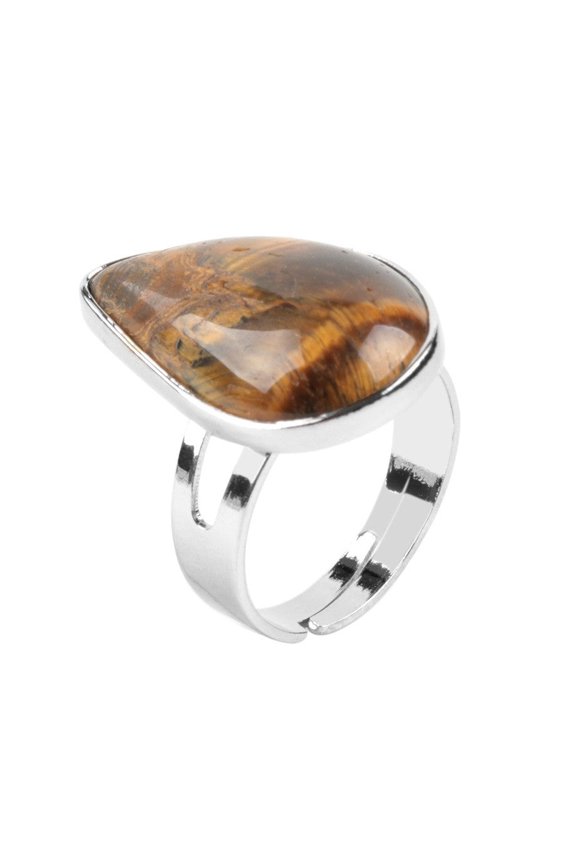Unisex Ring With Water Drop Design Copper Inlay Natural Stone Jewelry Opal Rose Quartz Tiger Eye Golden Sandstone