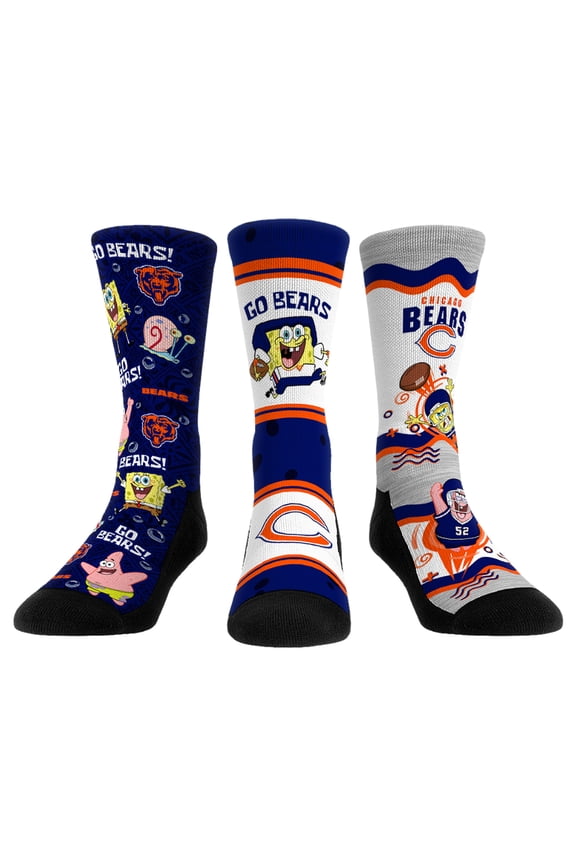 Unisex Rock Em Socks Chicago Bears NFL x Nickelodeon Spongebob Squarepants 3-Pack Crew Socks Set