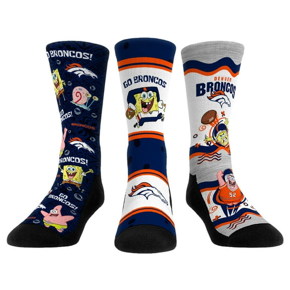 Unisex Rock Em Socks Denver Broncos NFL x Nickelodeon Spongebob Squarepants 3-Pack Crew Socks Set