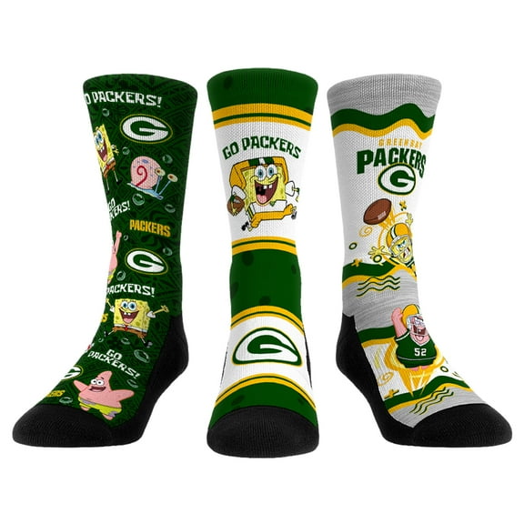 Unisex Rock Em Socks Green Bay Packers NFL x Nickelodeon Spongebob Squarepants 3-Pack Crew Socks Set