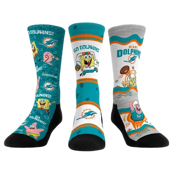 Unisex Rock Em Socks Miami Dolphins NFL x Nickelodeon Spongebob Squarepants 3-Pack Crew Socks Set