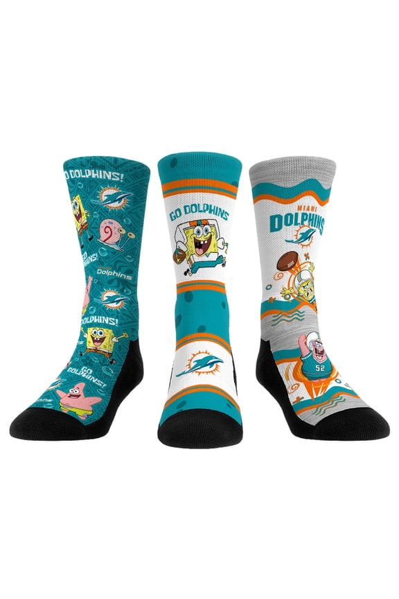 Unisex Rock Em Socks Miami Dolphins NFL x Nickelodeon Spongebob Squarepants 3-Pack Crew Socks Set