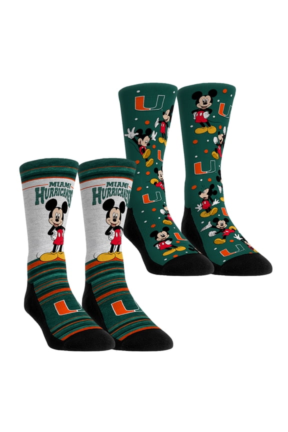 Unisex Rock Em Socks Miami Hurricanes Mickey Mouse Two-Pack Crew Socks Set