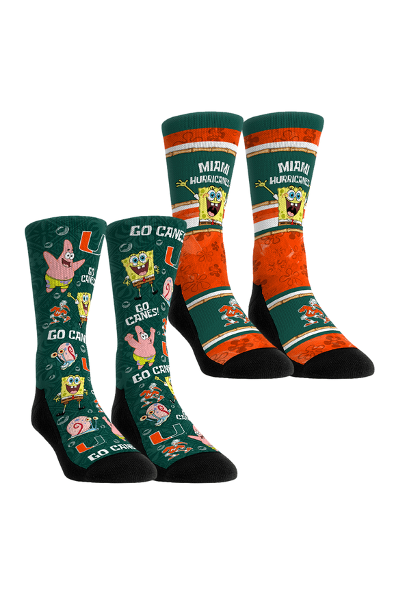 Unisex Rock Em Socks Miami Hurricanes SpongeBob SquarePants Two-Pack Crew Socks Set