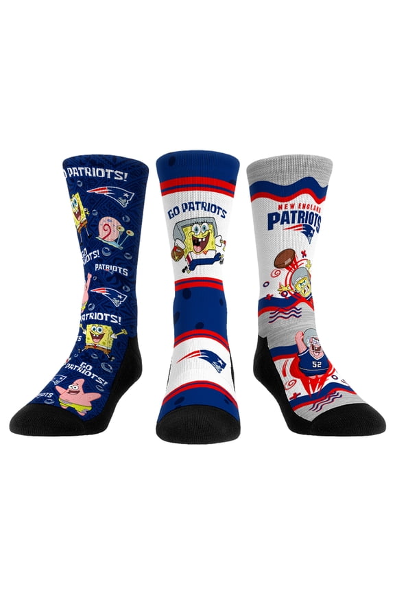 Unisex Rock Em Socks New England Patriots NFL x Nickelodeon Spongebob Squarepants 3-Pack Crew Socks Set