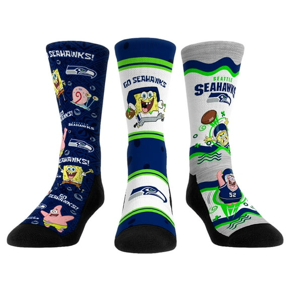 Unisex Rock Em Socks Seattle Seahawks NFL x Nickelodeon Spongebob Squarepants 3-Pack Crew Socks Set