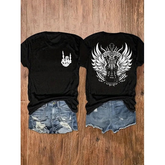Unisex Rock Punk Skeleton Hand Winged Guitar Graphic T-Shirt