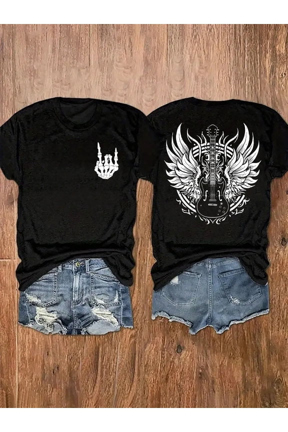 Unisex Rock Punk Skeleton Hand Winged Guitar Graphic T-Shirt
