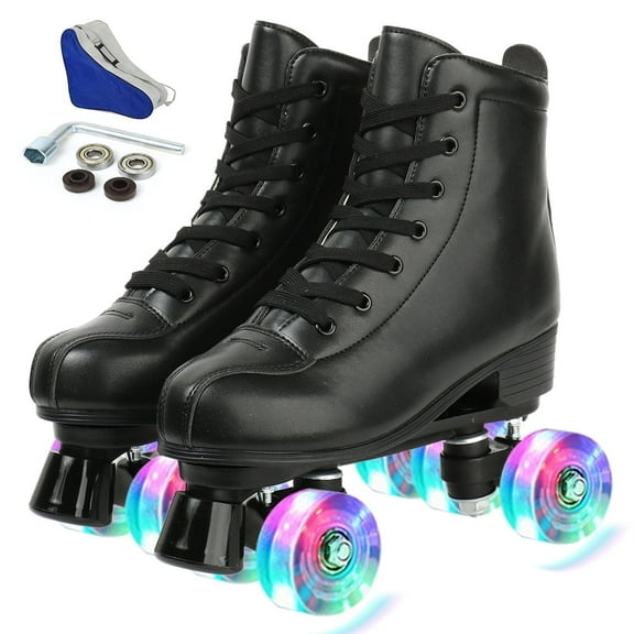 Unisex Roller Skates Double Row Four Wheels, High-top Roller Skates, Light Up Wheels, For Beginners Womens Mens Boys and Girls, For Indoor Outdoor, Black