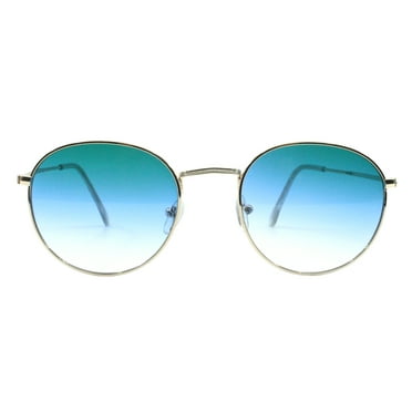 Unisex Round Sunglasses Lite Thin Gold Metal Panto Frame Blue Lens UV 400