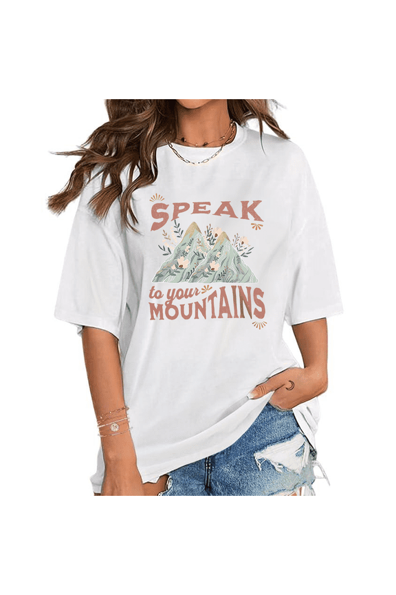 Unisex "SPEAK MOUNTAINS" Christian Inspirational Print T-shirts Short Sleeve Faith Based Graphic Tees Apparel Text Design Tops White,4XL