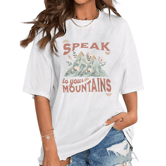 Unisex "SPEAK MOUNTAINS" Christian Inspirational Print T-shirts Short Sleeve Faith Based Graphic Tees Apparel Text Design Tops White,S