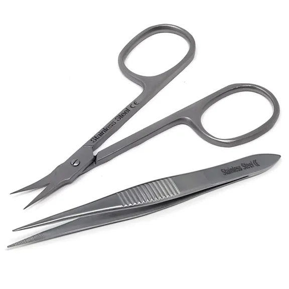 Unisex Salon Mini Scissors & Precision Straight Tweezers for Facial Hair, Nose, Ear - Set of 2Pcs