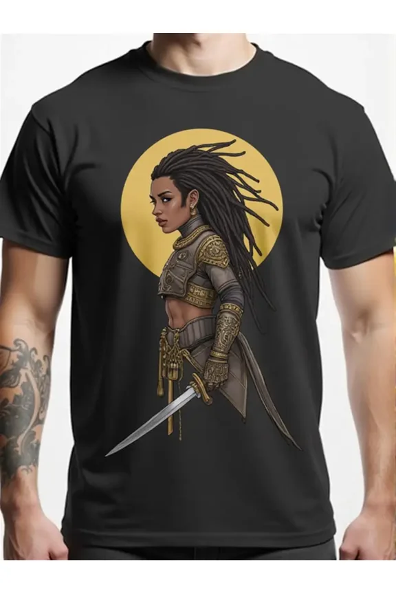 Unisex Samurai Graphic T-Shirt - Japanese Warrior Design with Samurai Woman, Black Shirt & Golden Accents - Soft Everyday Tee for Cosplay, Themed Events, Gym - Machine Washable