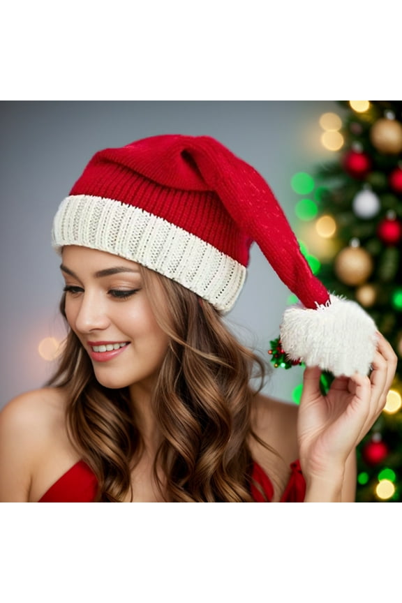 Unisex Santa Hats Family Matching Xmas Knit hat Parent-Child Pom Beanie Hat Winter Warmer Crochet Cap for Family Christmas Party Red White