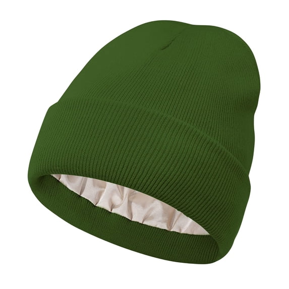 Unisex Satin Lined Ribbed Beanie Winter Warm Knit Hat for Cold Weather Outdoor Sports and Daily Wear Hair Protection Army Green