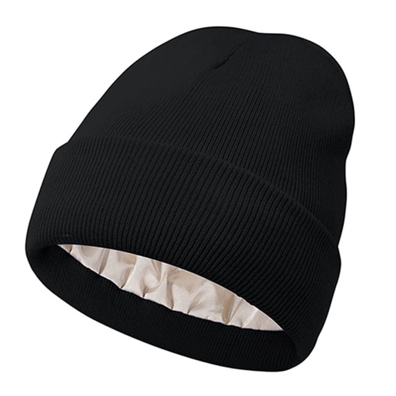 Unisex Satin Lined Ribbed Beanie Winter Warm Knit Hat for Cold Weather Outdoor Sports and Daily Wear Hair Protection Black