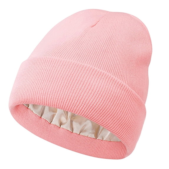 Unisex Satin Lined Ribbed Beanie Winter Warm Knit Hat for Cold Weather Outdoor Sports and Daily Wear Hair Protection Pink