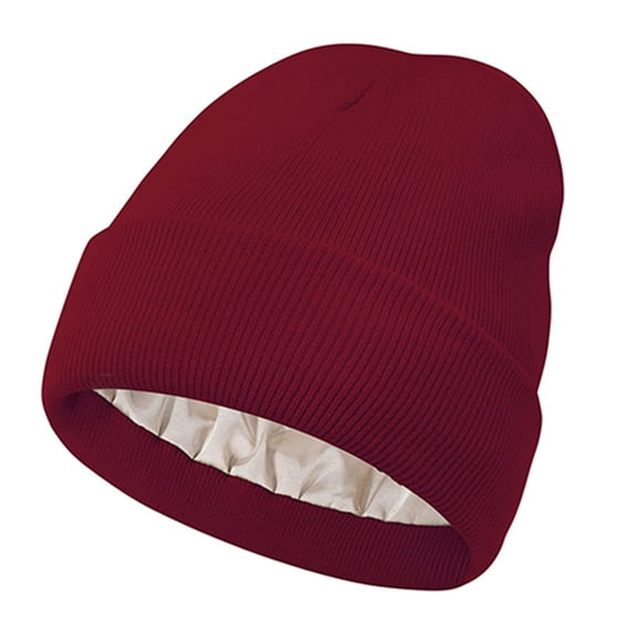 Unisex Satin Lined Ribbed Beanie Winter Warm Knit Hat for Cold Weather Outdoor Sports and Daily Wear Hair Protection Wine