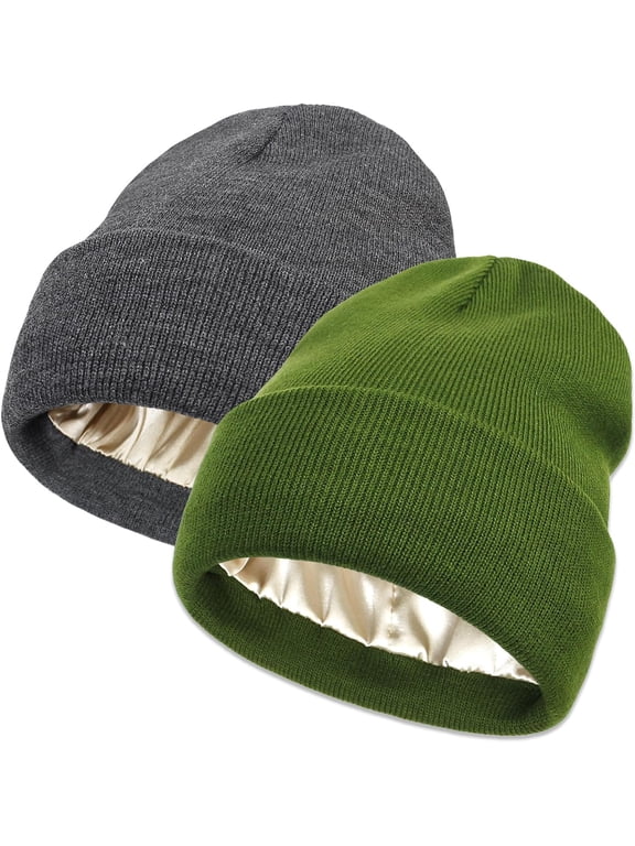Unisex Satin Lined Winter Beanie for Women Men Silky Lining Slouchy Skull Cap Knitted Cuffed Skiing Knit Hat