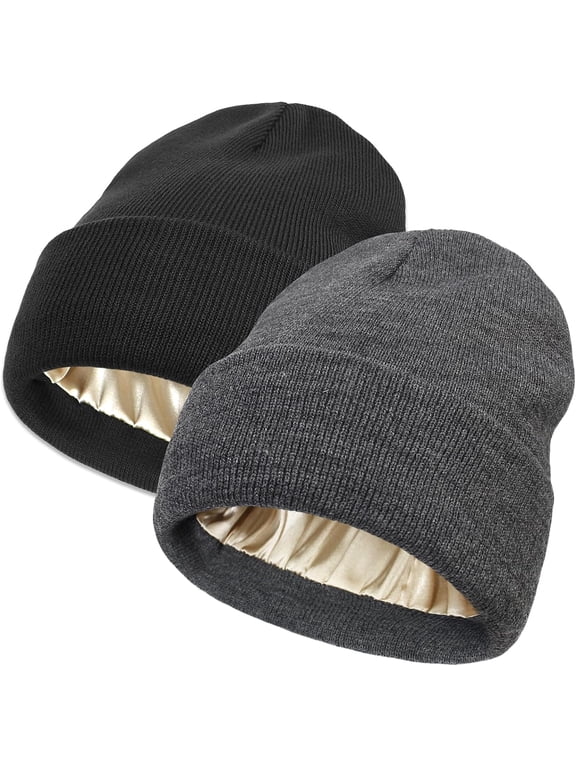 Unisex Satin Lined Winter Beanie for Women Men Silky Lining Slouchy Skull Cap Knitted Cuffed Skiing Knit Hat