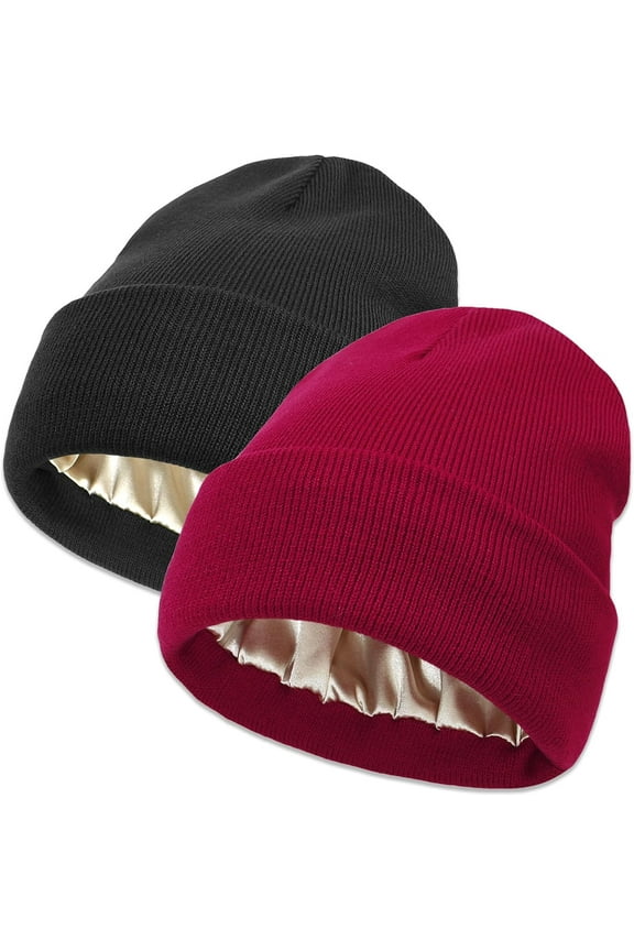Unisex Satin Lined Winter Beanie for Women Men Silky Lining Slouchy Skull Cap Knitted Cuffed Skiing Knit Hat