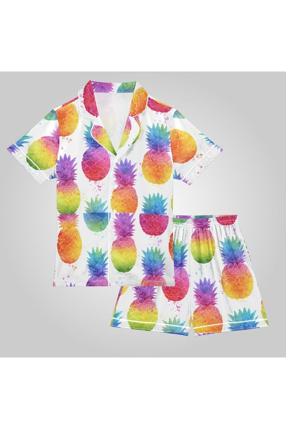 Unisex Satin Pajama Set Classic Button-Down Short Sleeve Top & Shorts Soft Breathable Loungewear for Sleep & Loungewear Sizes S-XXL Colorful Pineapple Pattern
