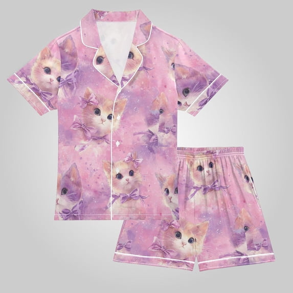Unisex Satin Pajama Set Classic Button-Down Short Sleeve Top & Shorts Soft Breathable Loungewear for Sleep & Loungewear Sizes S-XXL Kittens with Bows Pattern