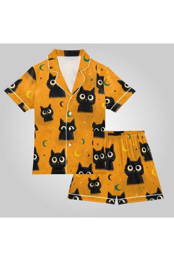 Unisex Satin Pajama Set Classic Button-Down Short Sleeve Top & Shorts Soft Breathable Loungewear for Sleep & Loungewear Sizes S-XXL Repeating Pattern Of Big-eyed Cat