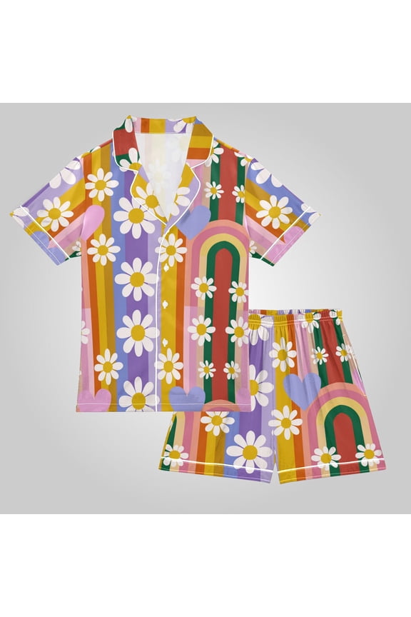 Unisex Satin Pajama Set Classic Button-Down Short Sleeve Top & Shorts Soft Breathable Loungewear for Sleep & Loungewear Sizes S-XXL Retro Colorful Rainbow and Daisy