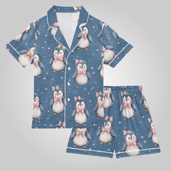 Unisex Satin Pajama Set Classic Button-Down Short Sleeve Top & Shorts Soft Breathable Loungewear for Sleep & Loungewear Sizes S-XXL Starry Penguin Bows