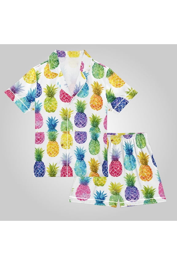 Unisex Satin Pajama Set Classic Button-Down Short Sleeve Top & Shorts Soft Breathable Loungewear for Sleep & Loungewear Sizes S-XXL Vibrant Watercolor Pineapples