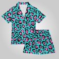 thumbnail image 1 of Unisex Satin Pajama Set Classic Button-Down Short Sleeve Top & Shorts Soft Breathable Loungewear for Sleep & Loungewear Sizes S-XXL Blue Pink Leopard, 1 of 8
