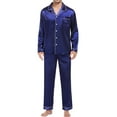 thumbnail image 1 of Unisex Satin Pajama Set Long Sleeve Button Up Top & Pants with Pockets Luxury Couple's Sleepwear for Men & Women Blue XL, 1 of 5