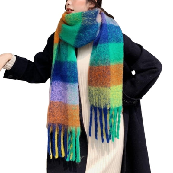 Unisex Scarf Wool Feel Scottish Colourful Check Pattern Tartan Plaid Oversized Fashion Scarf with Tassel for All Winter Daily Work
