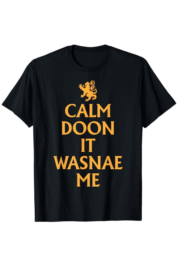 Unisex Scottish Heritage Rampant Lion T-Shirt | Celtic "Calm Doon It Wasnae Me" Slogan, Black/Golden/Yellow Scottish Flag Colors, Casual & Gym Wear, Perfect for All-Season, Crew Neck, Regular Fit