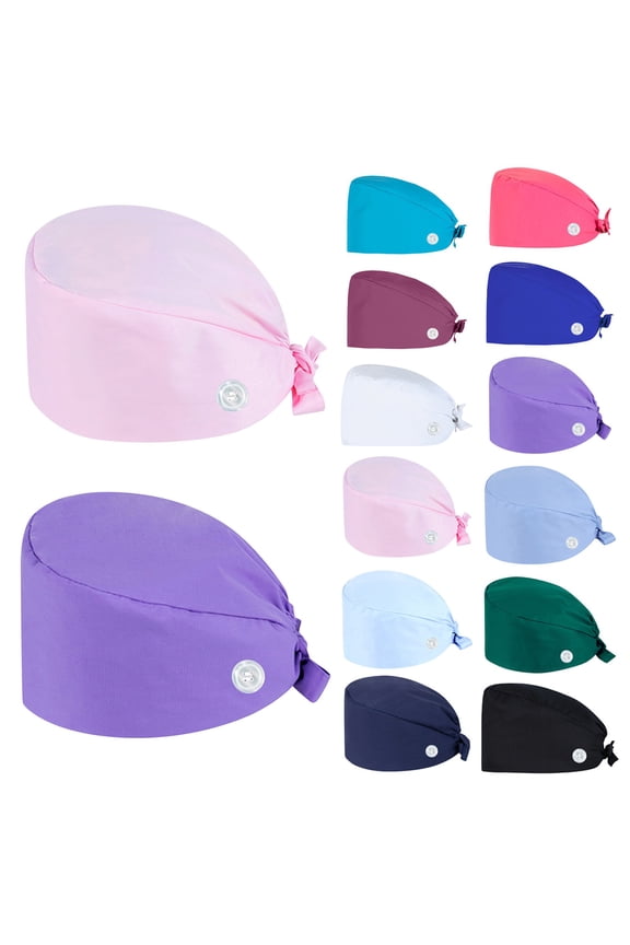 Unisex Scrub Cap with Button - Adjustable Bouffant Work Hat for Nurses & Doctors, Soft Cotton Surgical Cap with Tie Back for Medical, Dental & Spa Use Light Blue