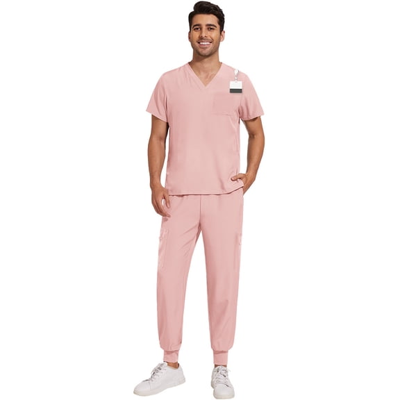 Unisex Scrub Sets with Solid Color V-Neck Short Sleeves Long Pants Nurse Uniform Featuring Pockets