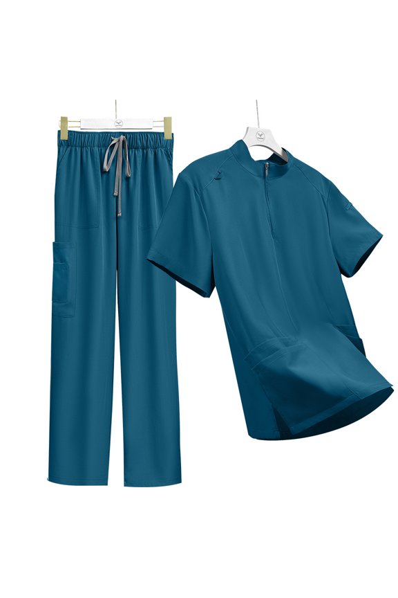 Unisex Scrubs Set Stand Collar Zipper Nursing Work Uniform for Clinic